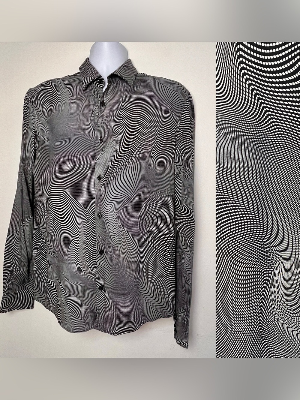 Sz. L HUGO BOSS Rayon Men's Black & White Optical Wave Button-Down Shirt